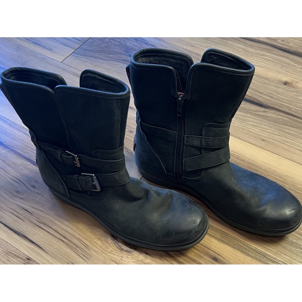 UGG Waterproof Black Leather Moto Boots Buckle Zip Womens Sz 10 Rugged Winter